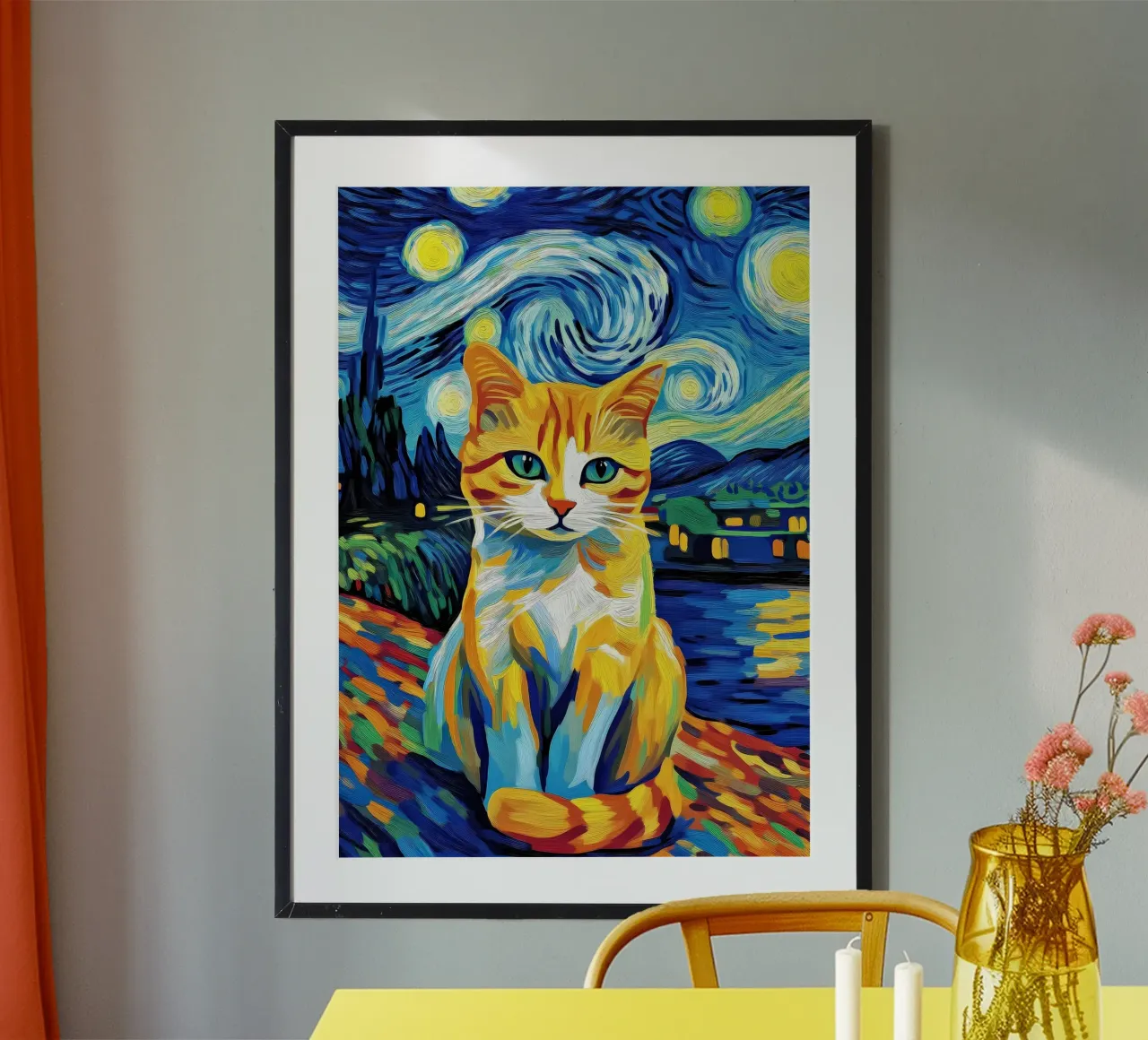Gatto nella notte stellata poster con telaio in alluminio da Adrian Patel
