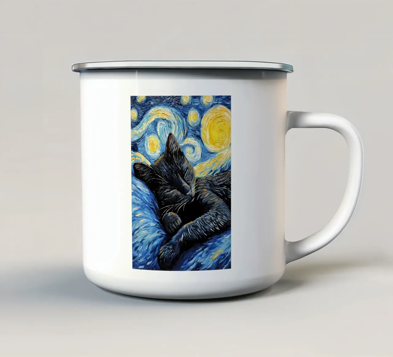 Gatto nero che dorme di notte tazza in smalto da Adrian Patel