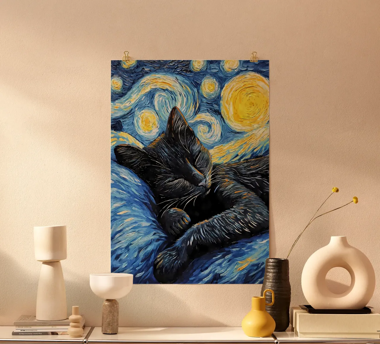 Gatto nero che dorme di notte carta hahnemühle da Adrian Patel