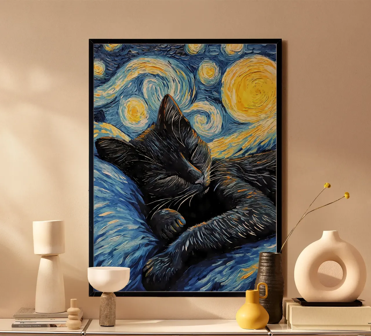 Gatto nero che dorme di notte carta hahnemühle da Adrian Patel