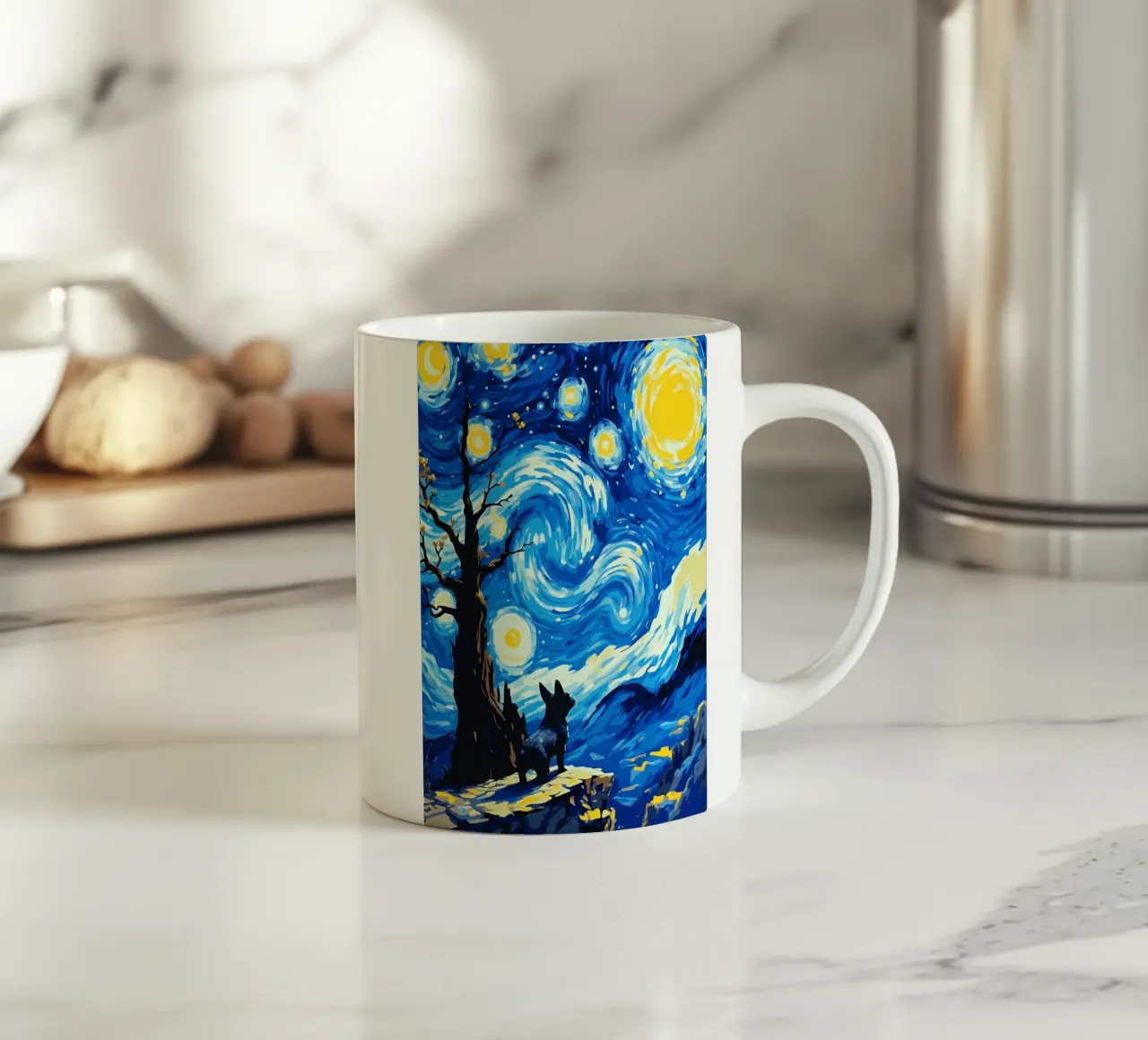 Notte stellata con cane tazza in ceramica da Adrian Patel