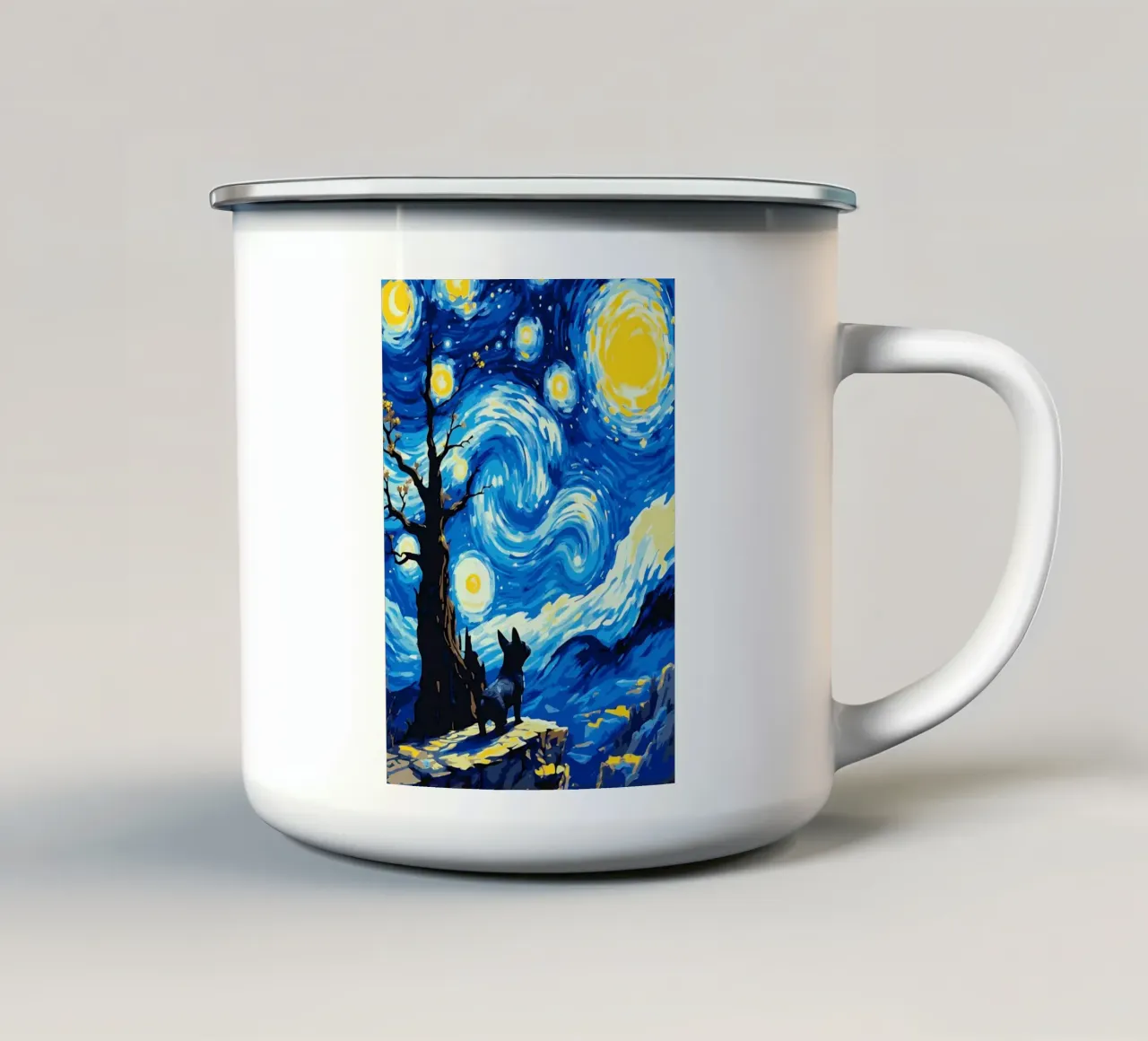 Notte stellata con cane tazza in smalto da Adrian Patel