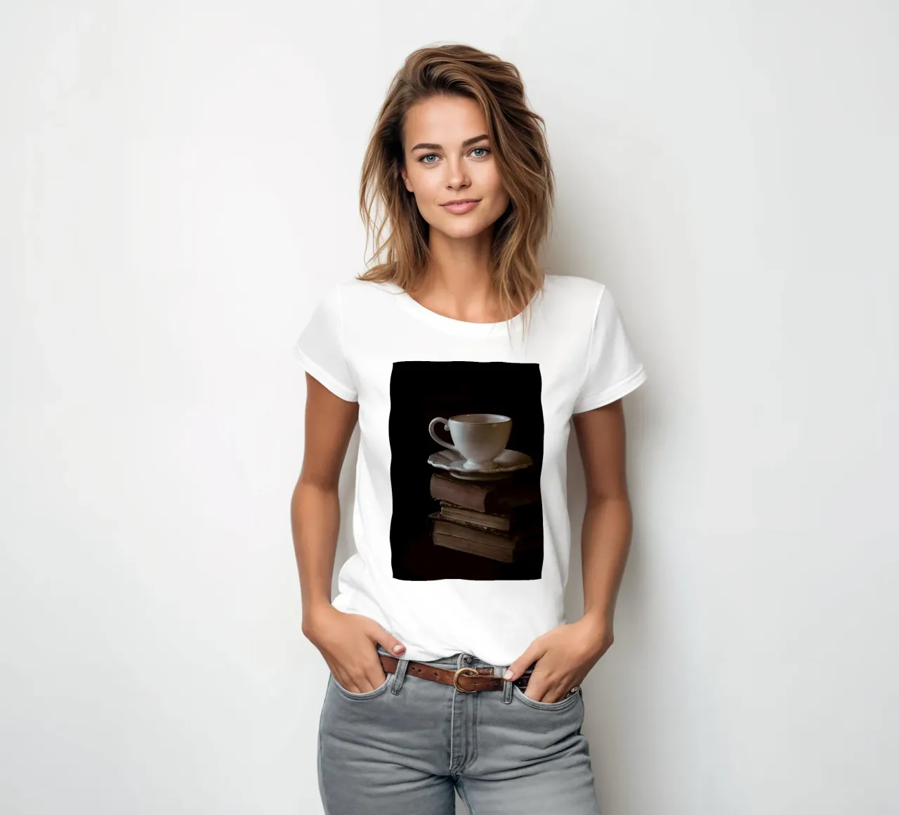 Cup and books women's fitted t-shirt by Aiden Garcia
