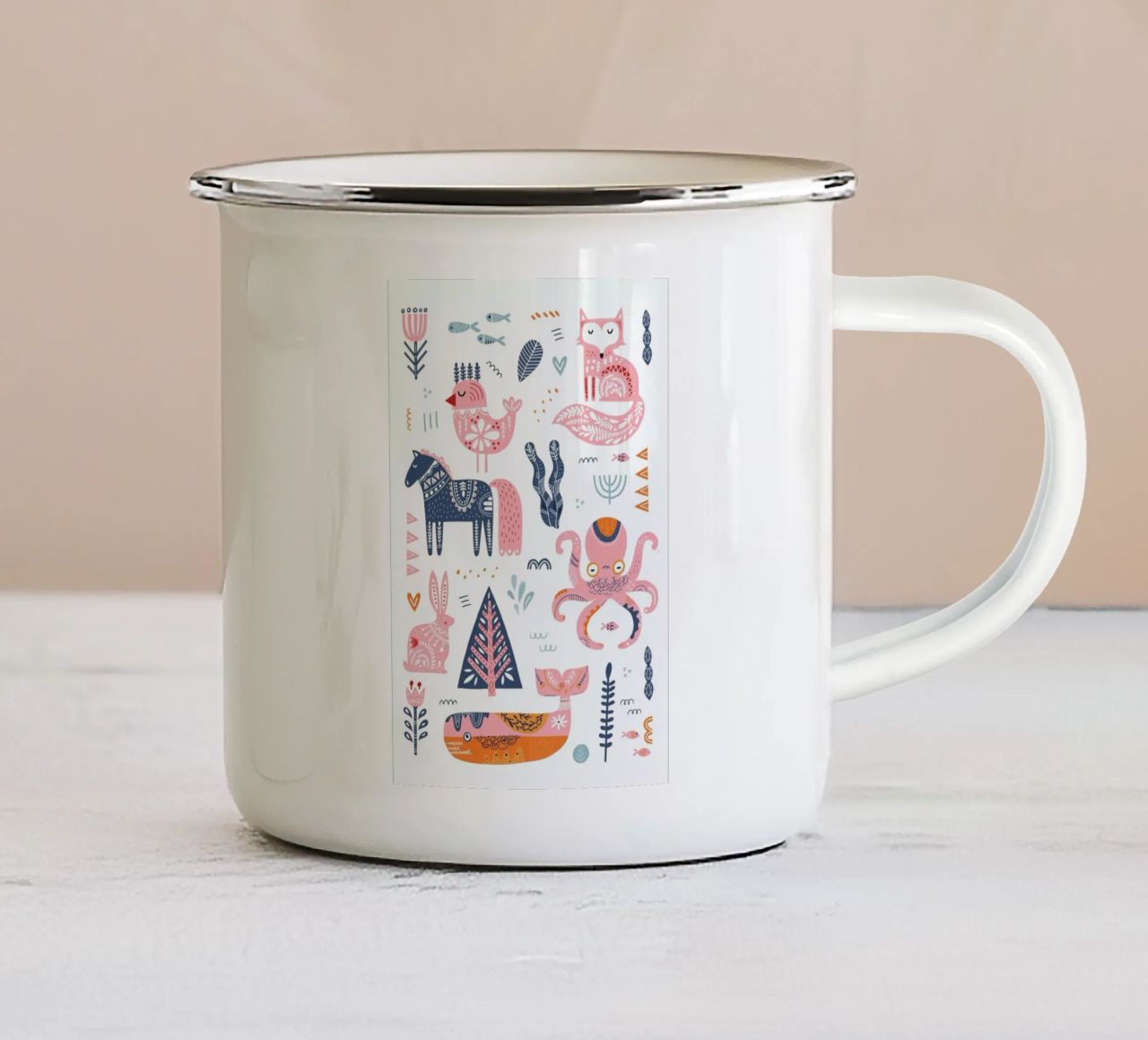 Patchwork Animals enamel mug by Little Flourishes