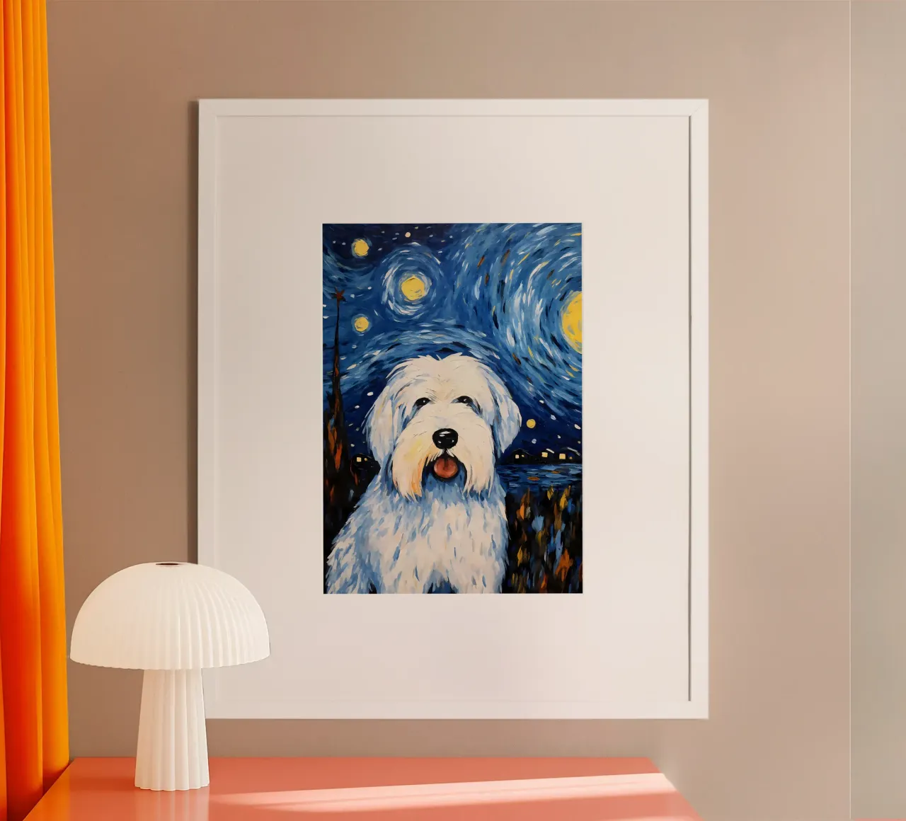 Notte del cane da pastore inglese poster con telaio in alluminio da Adrian Patel