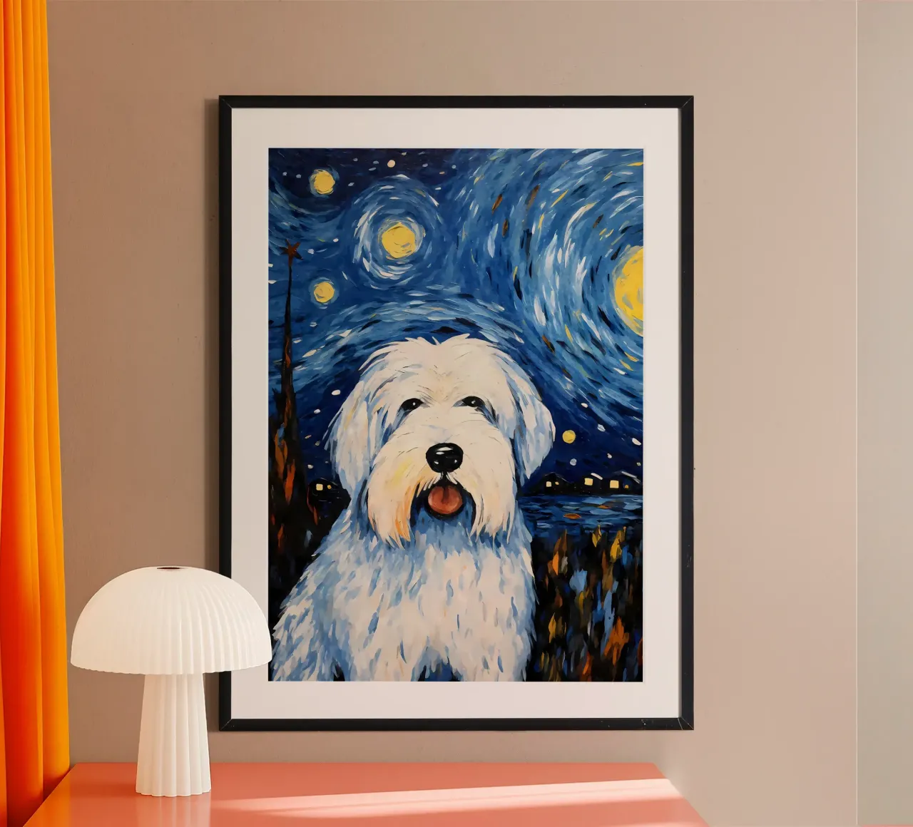 Notte del cane da pastore inglese poster con telaio in alluminio da Adrian Patel