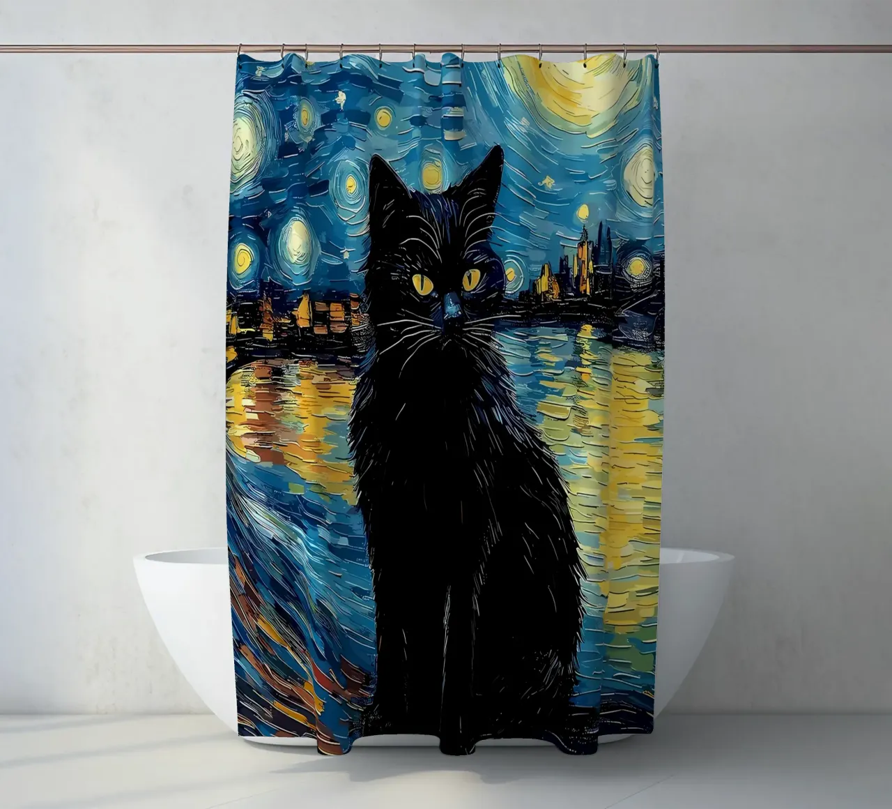 Cat Starry Night shower curtain by Adrian Patel