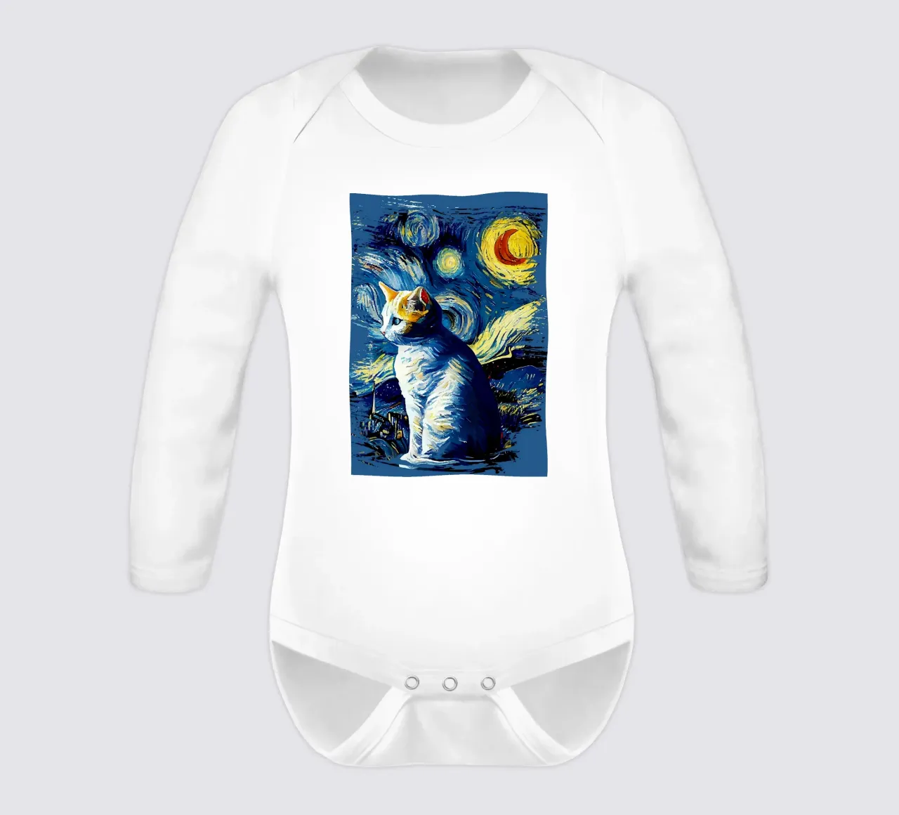 Starry Night Cat long-sleeve baby romper by Adrian Patel