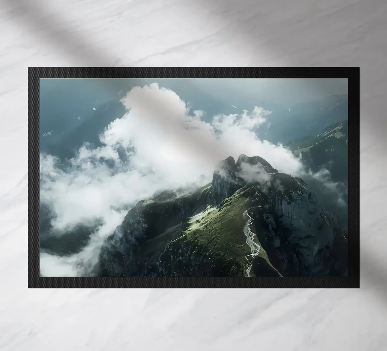 Mountain with clouds doormat by Matthew Katz