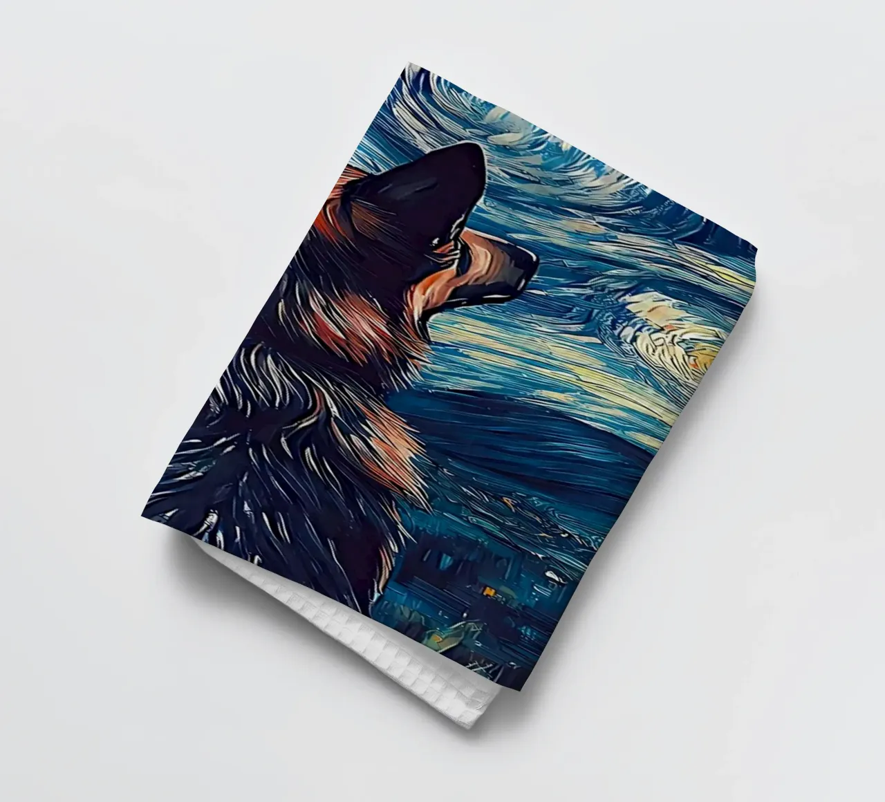 Dog Under Starry Night tea towel by Adrian Patel
