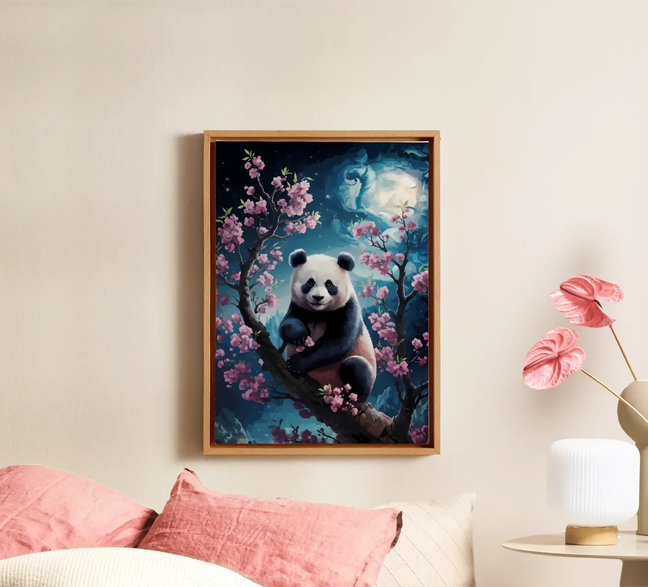 Panda in fiore di ciliegio tela con Cornice a cassetta da Adrian Patel