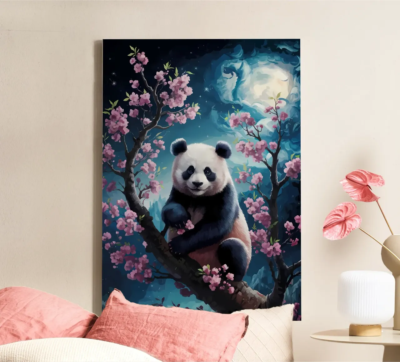 Panda in fiore di ciliegio tela con Cornice a cassetta da Adrian Patel
