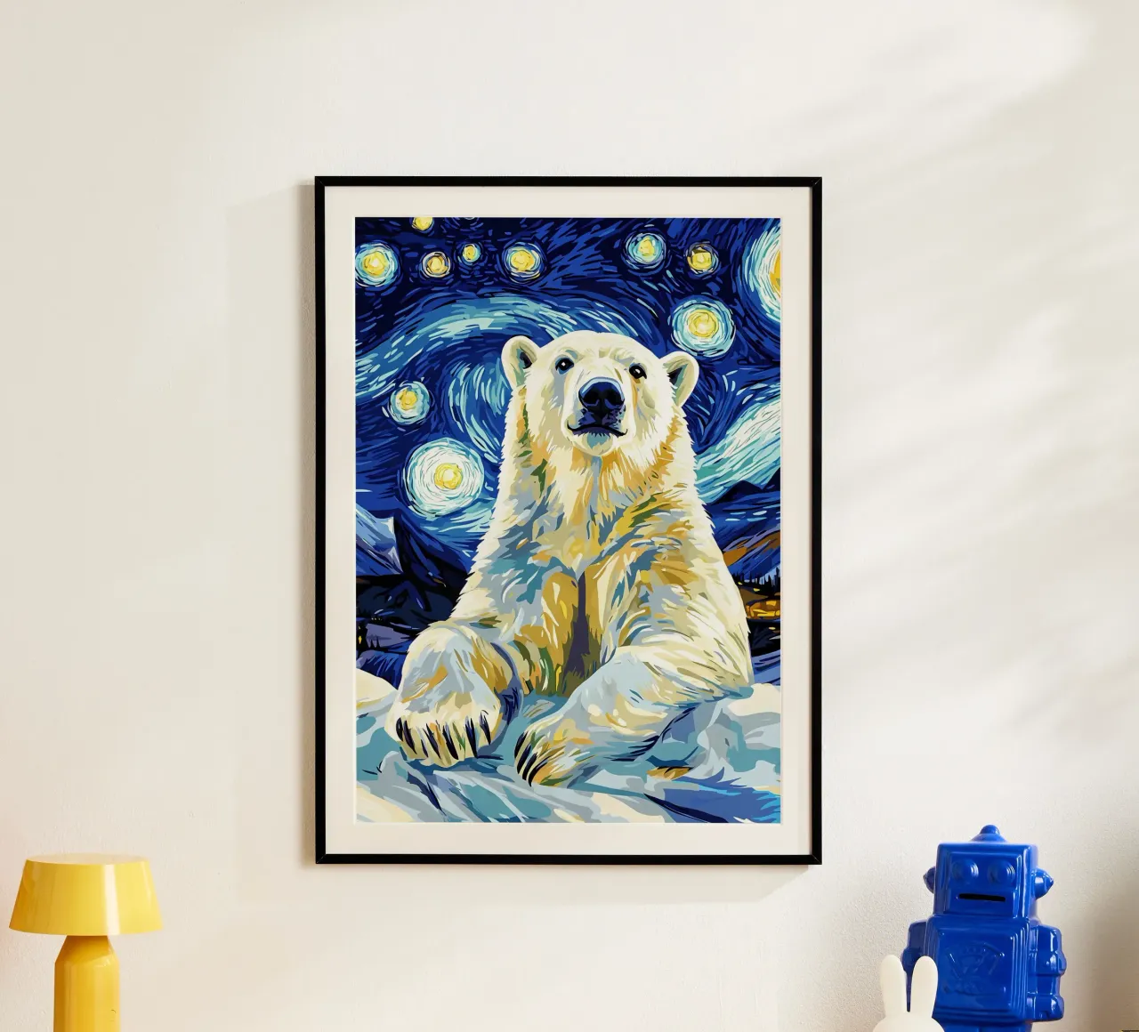 Notte stellata dell'orso polare poster con telaio in legno da Adrian Patel