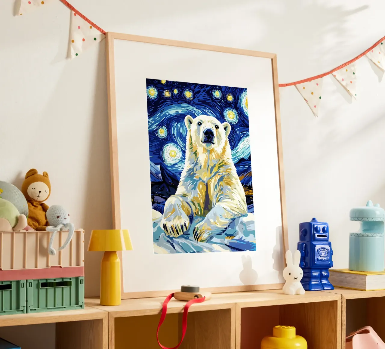 Notte stellata dell'orso polare poster con telaio in legno da Adrian Patel