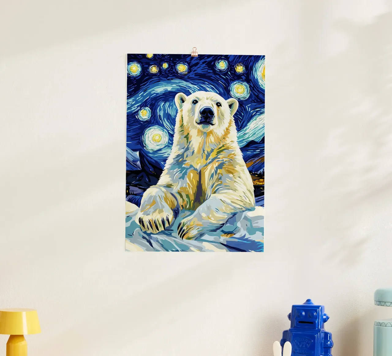 Notte stellata dell'orso polare poster con telaio in legno da Adrian Patel