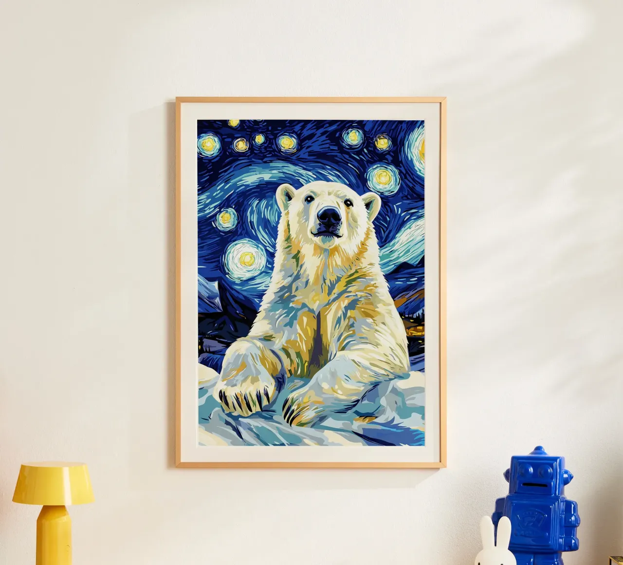 Notte stellata dell'orso polare poster con telaio in legno da Adrian Patel