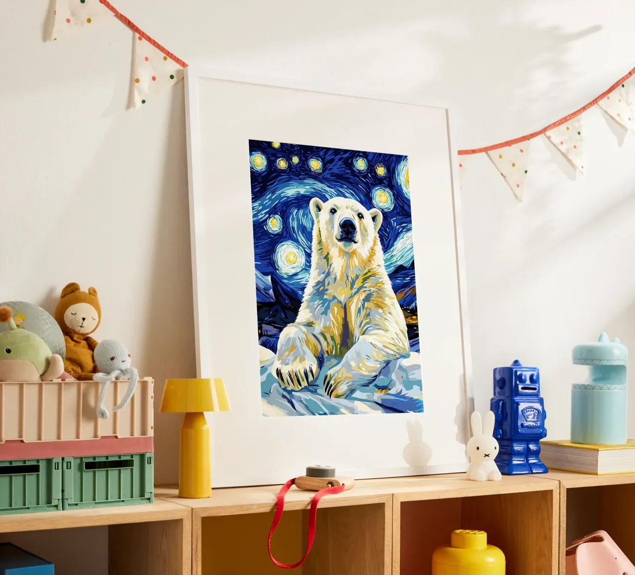 Notte stellata dell'orso polare poster con telaio in legno da Adrian Patel