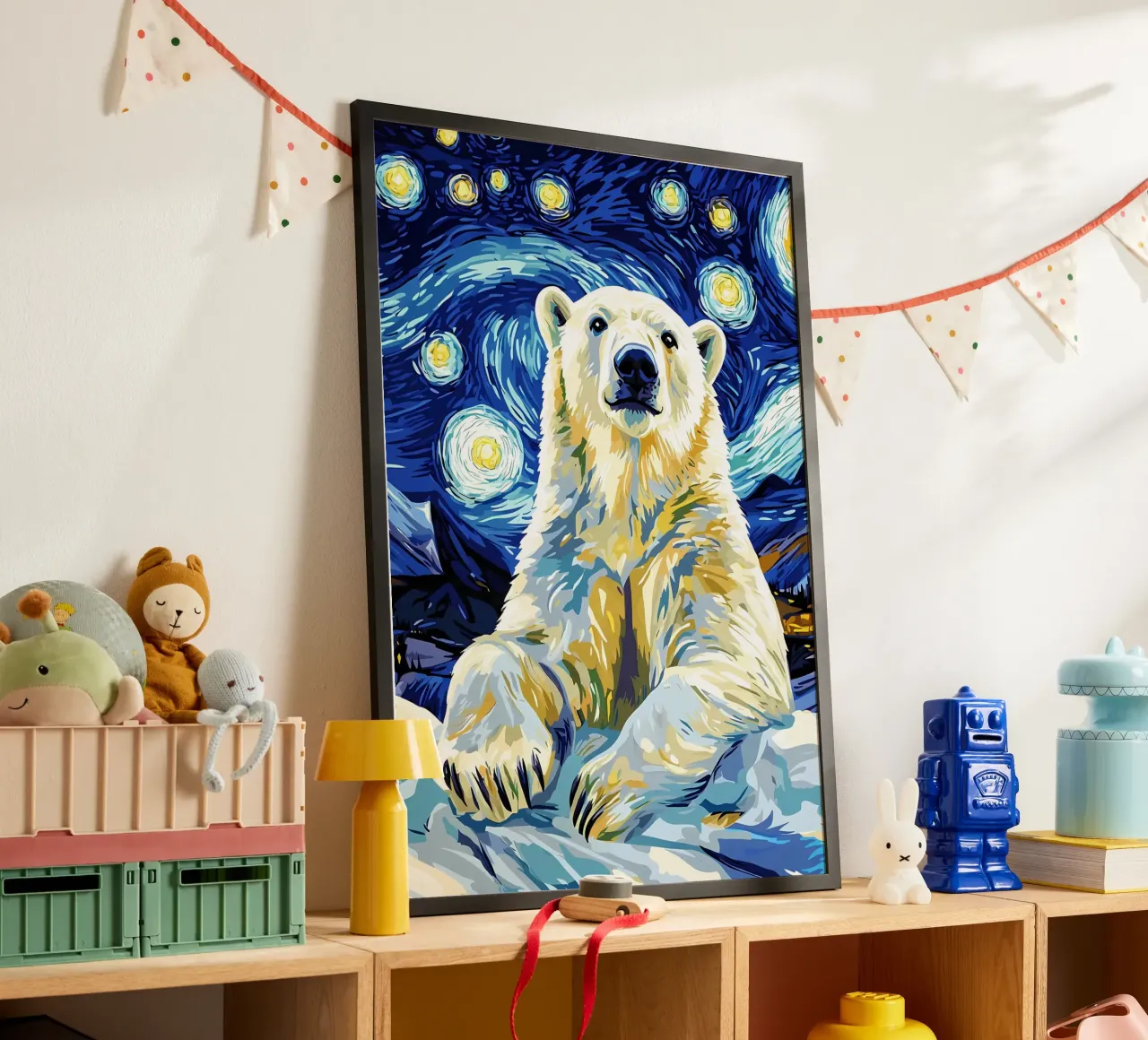 Notte stellata dell'orso polare poster con telaio in legno da Adrian Patel