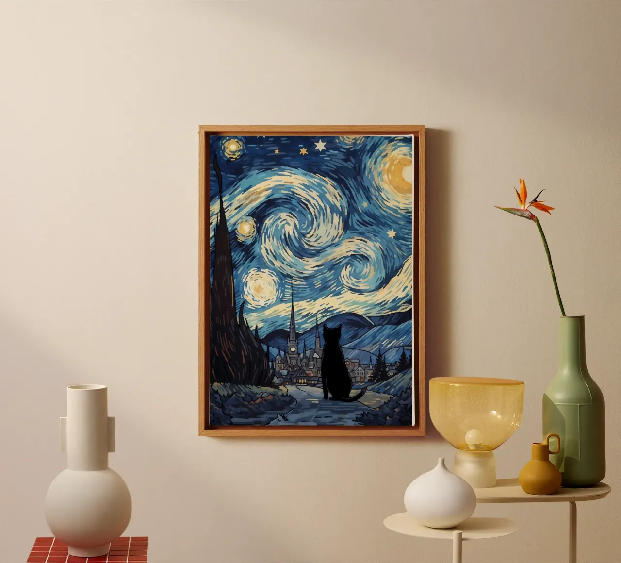 cat vangogh canvas met Baklijst van Adrian Patel