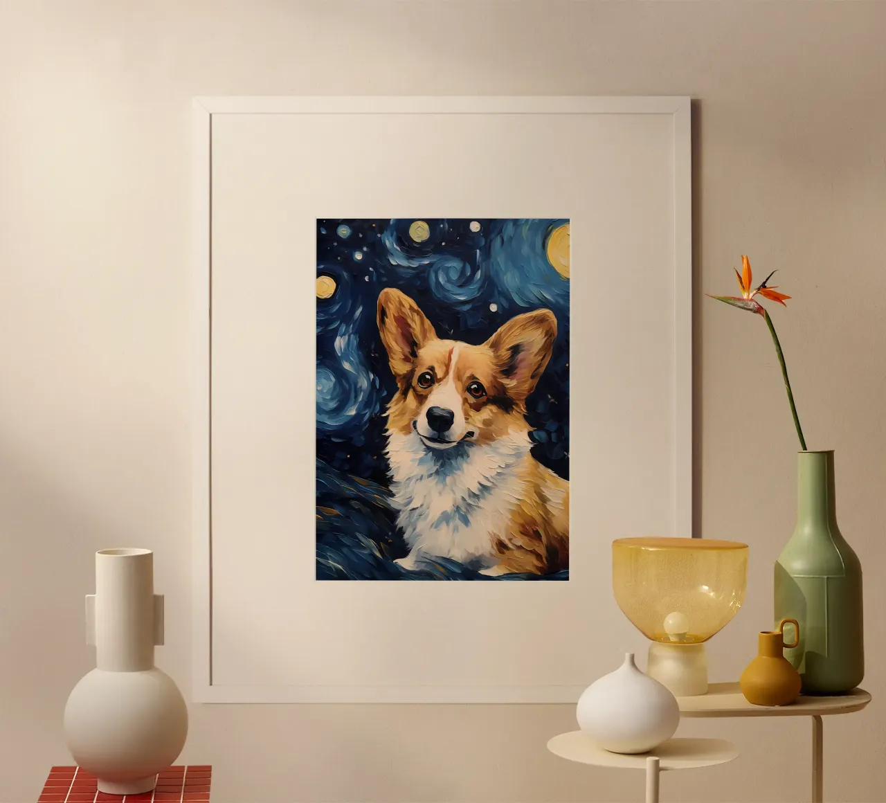 Corgi gallese Van Gogh poster con telaio in legno da Adrian Patel
