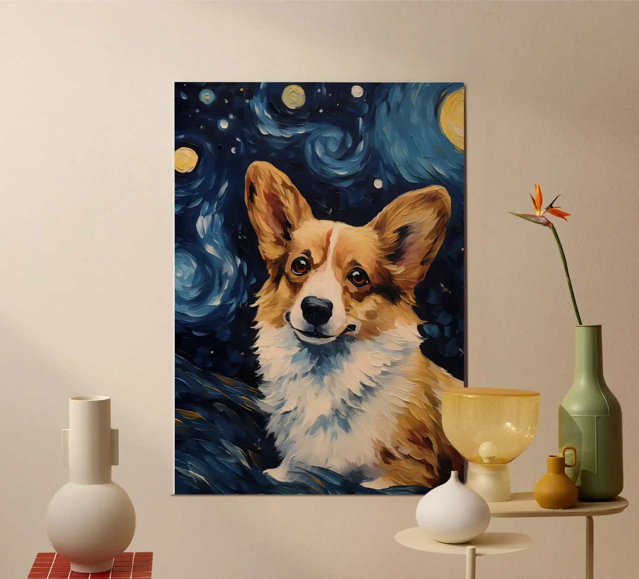 Corgi gallese Van Gogh poster con telaio in legno da Adrian Patel
