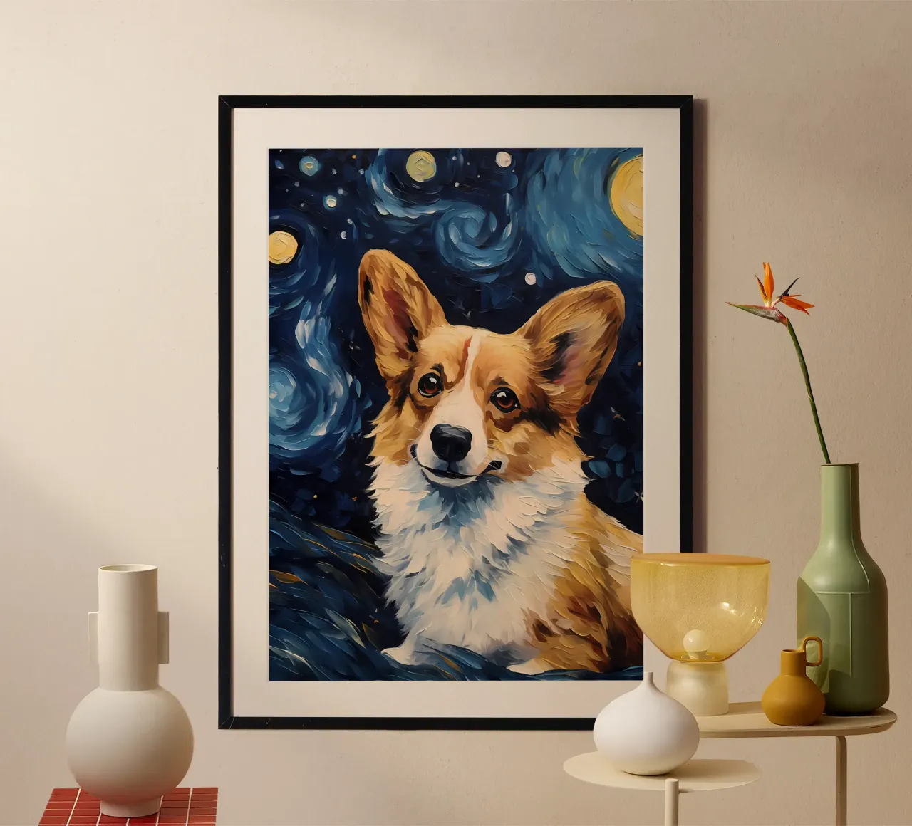Corgi gallese Van Gogh poster con telaio in legno da Adrian Patel