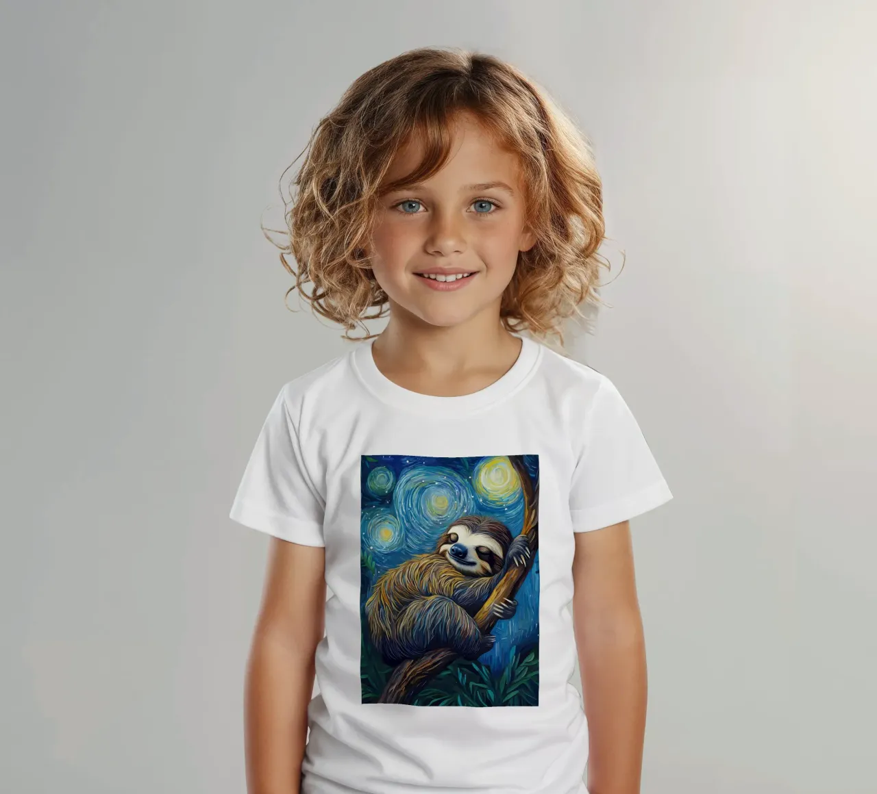 Sloth in Starry Night kids t-shirt by Adrian Patel
