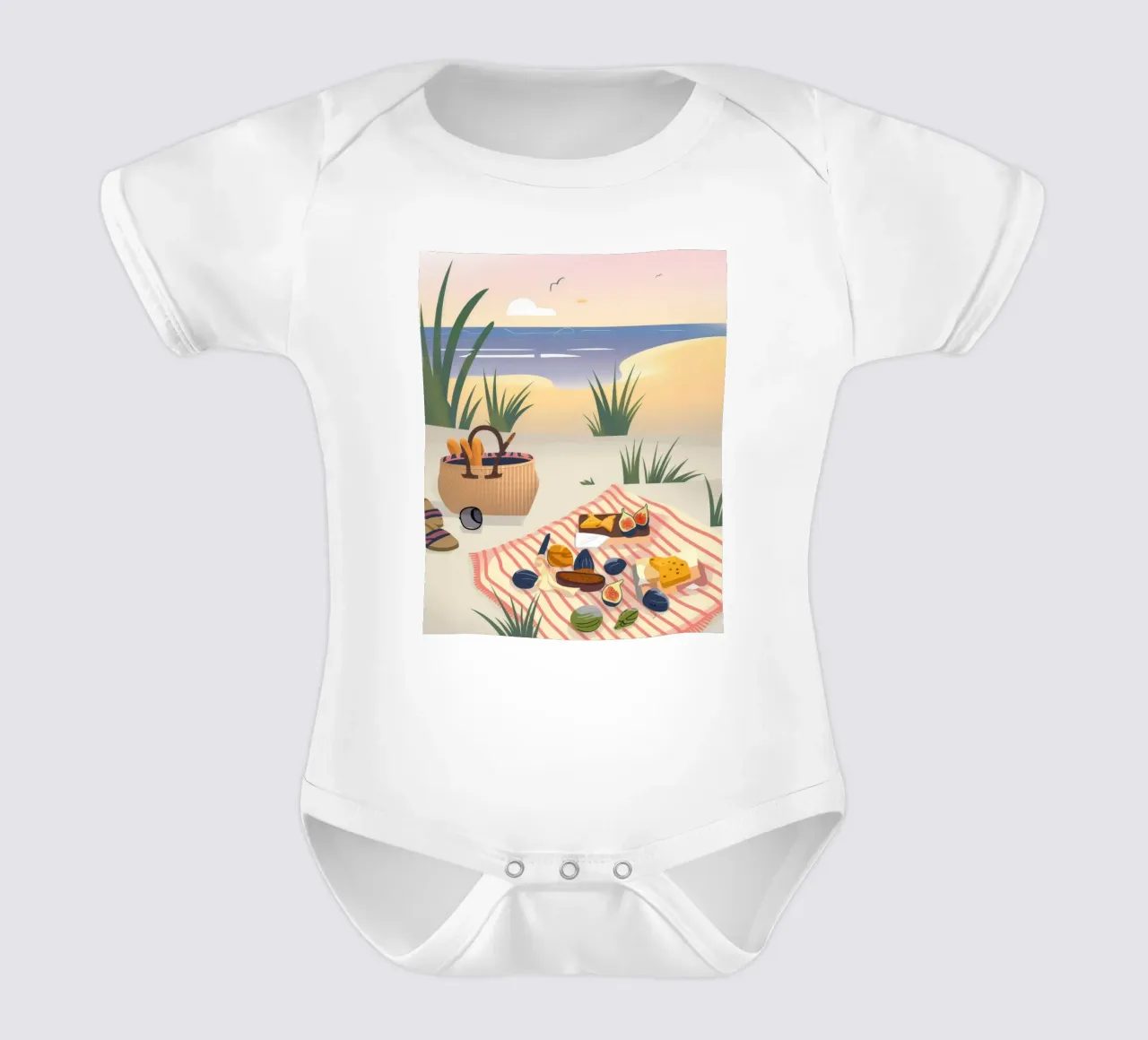 Beachside Picnic Delight short-sleeve baby romper by Nebula Verse