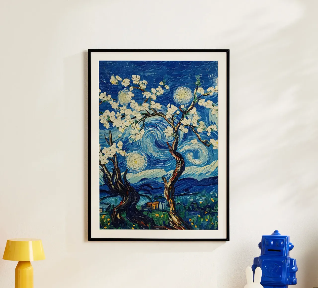 Notte stellata Fiori di mandorlo poster con telaio in plastica da Adrian Patel