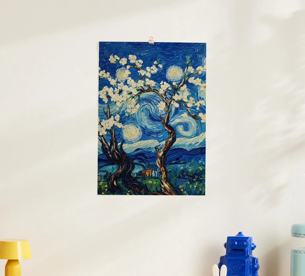 Notte stellata Fiori di mandorlo poster con telaio in plastica da Adrian Patel
