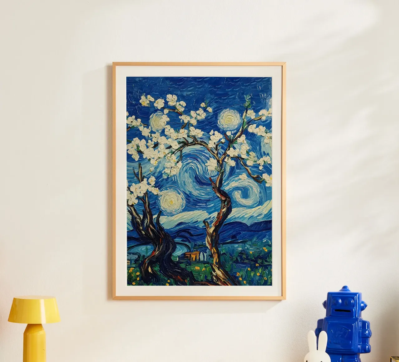 Notte stellata Fiori di mandorlo poster con telaio in plastica da Adrian Patel