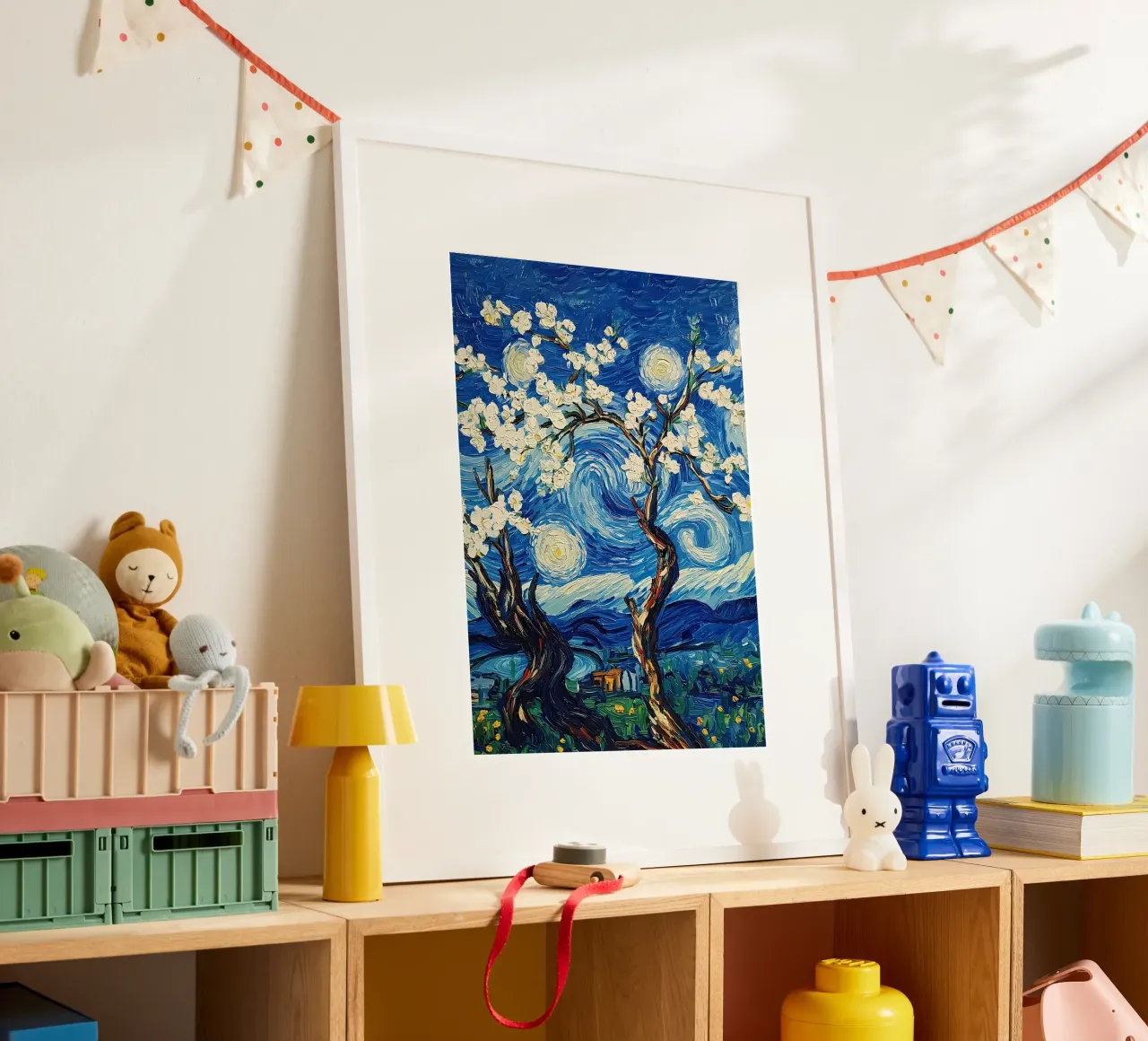 Notte stellata Fiori di mandorlo poster con telaio in plastica da Adrian Patel