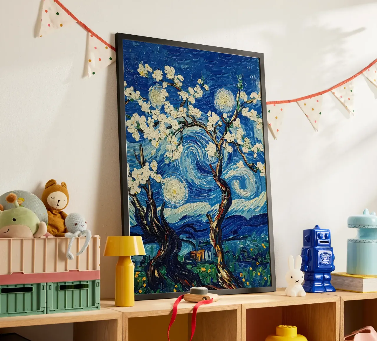 Notte stellata Fiori di mandorlo poster con telaio in plastica da Adrian Patel