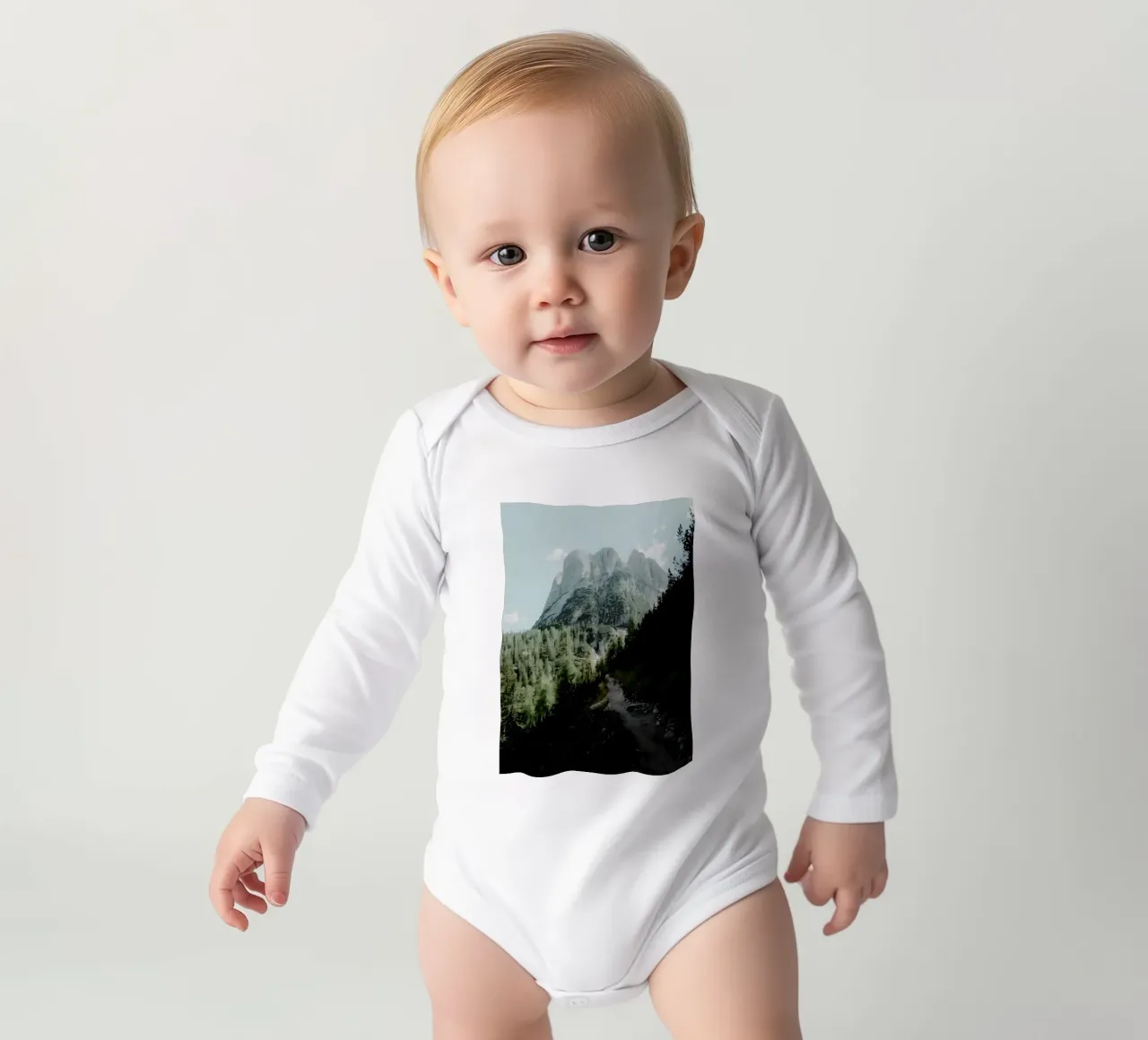 Mountain trail long-sleeve baby romper by Matthew Katz