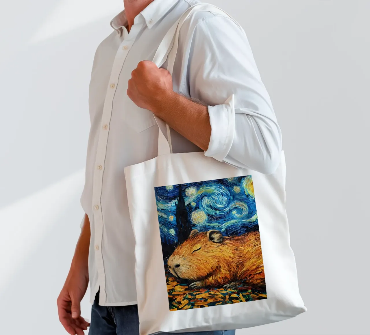 Capibara che dorme nella notte stellata borsa in juta da Adrian Patel