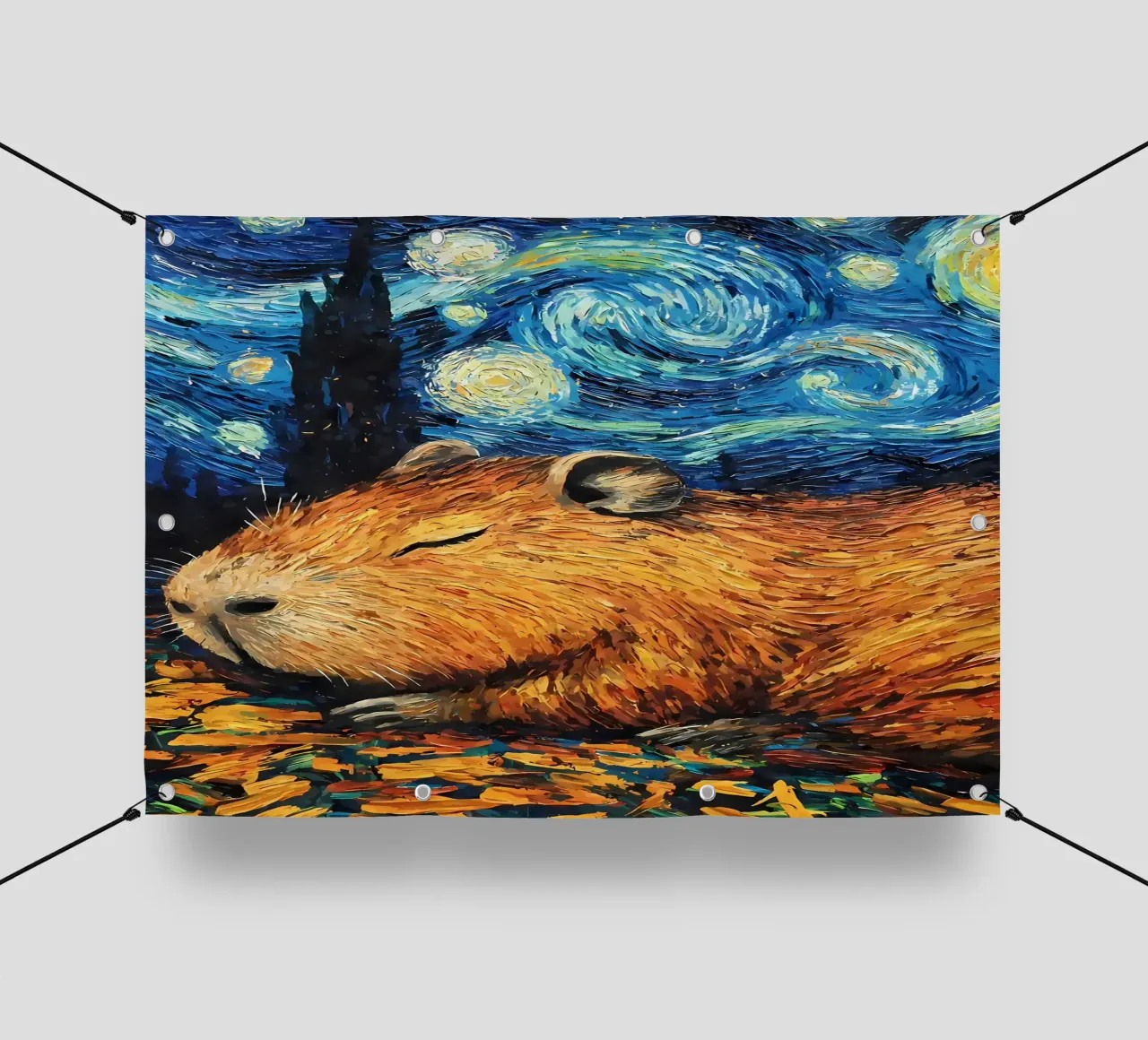 Capibara che dorme nella notte stellata telo in pvc da Adrian Patel