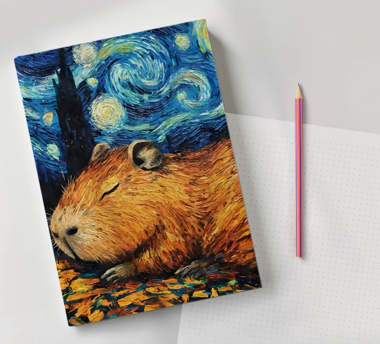 Capybara Sleeping Starry Night notebook by Adrian Patel