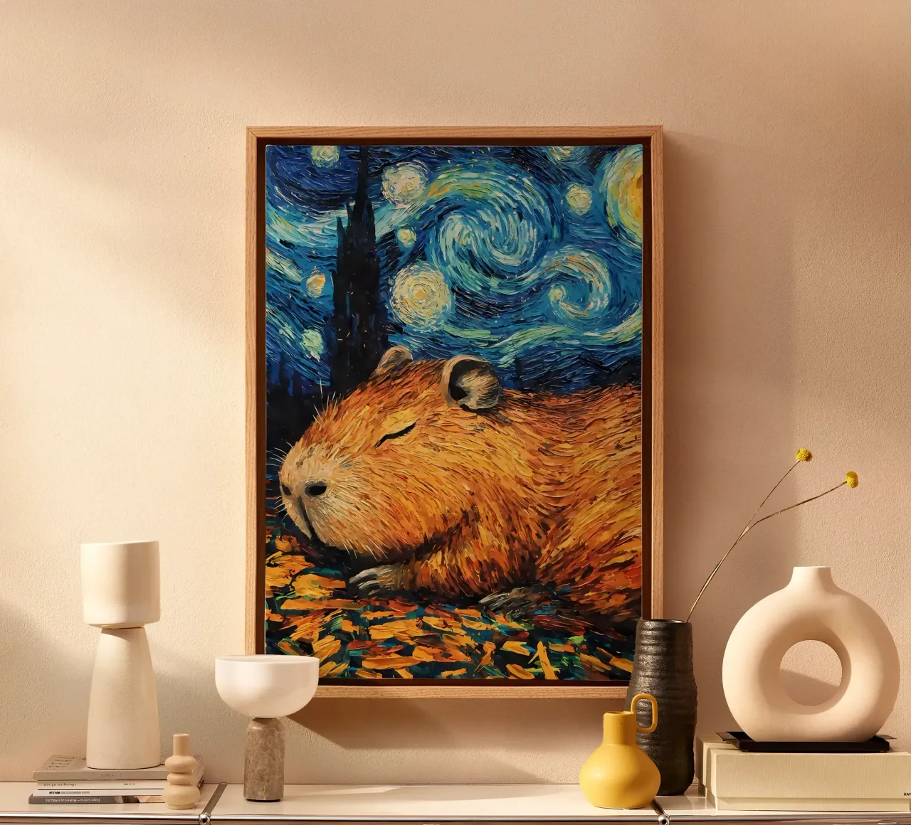 Capibara che dorme nella notte stellata tela con Cornice a cassetta da Adrian Patel