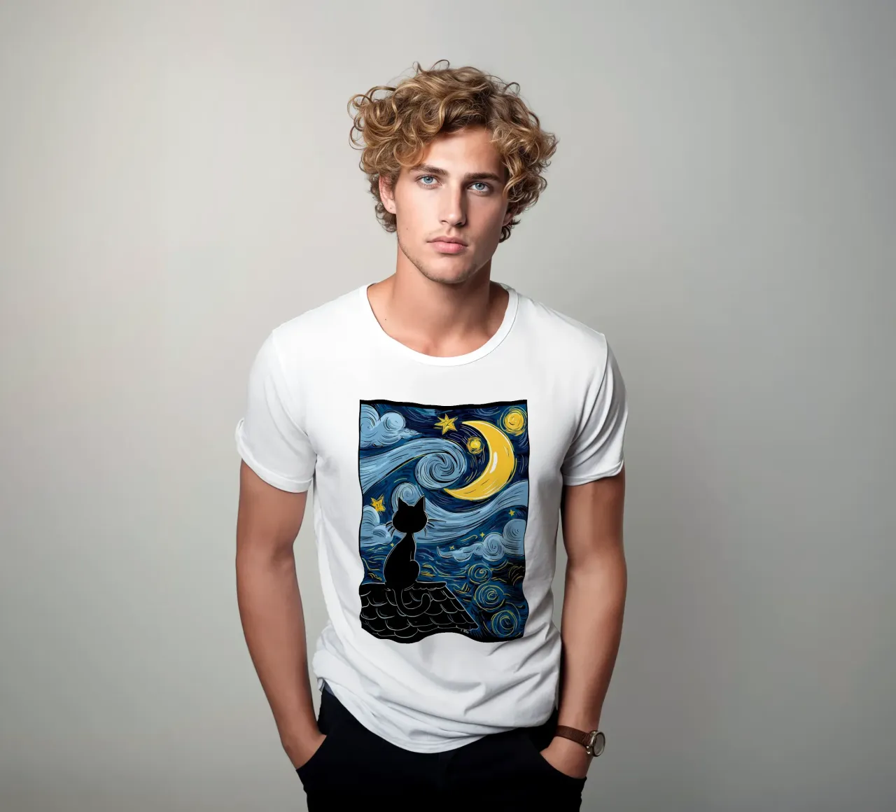 Cat Under Starry Night t-shirt by Adrian Patel