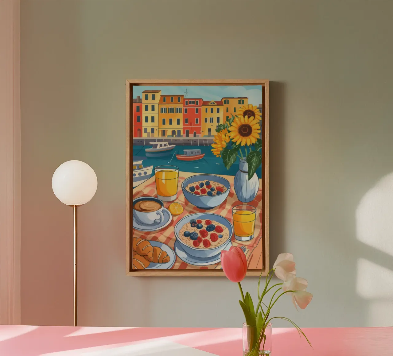 Breakfast by the Sea canvas with Floater frame by Nebula Verse