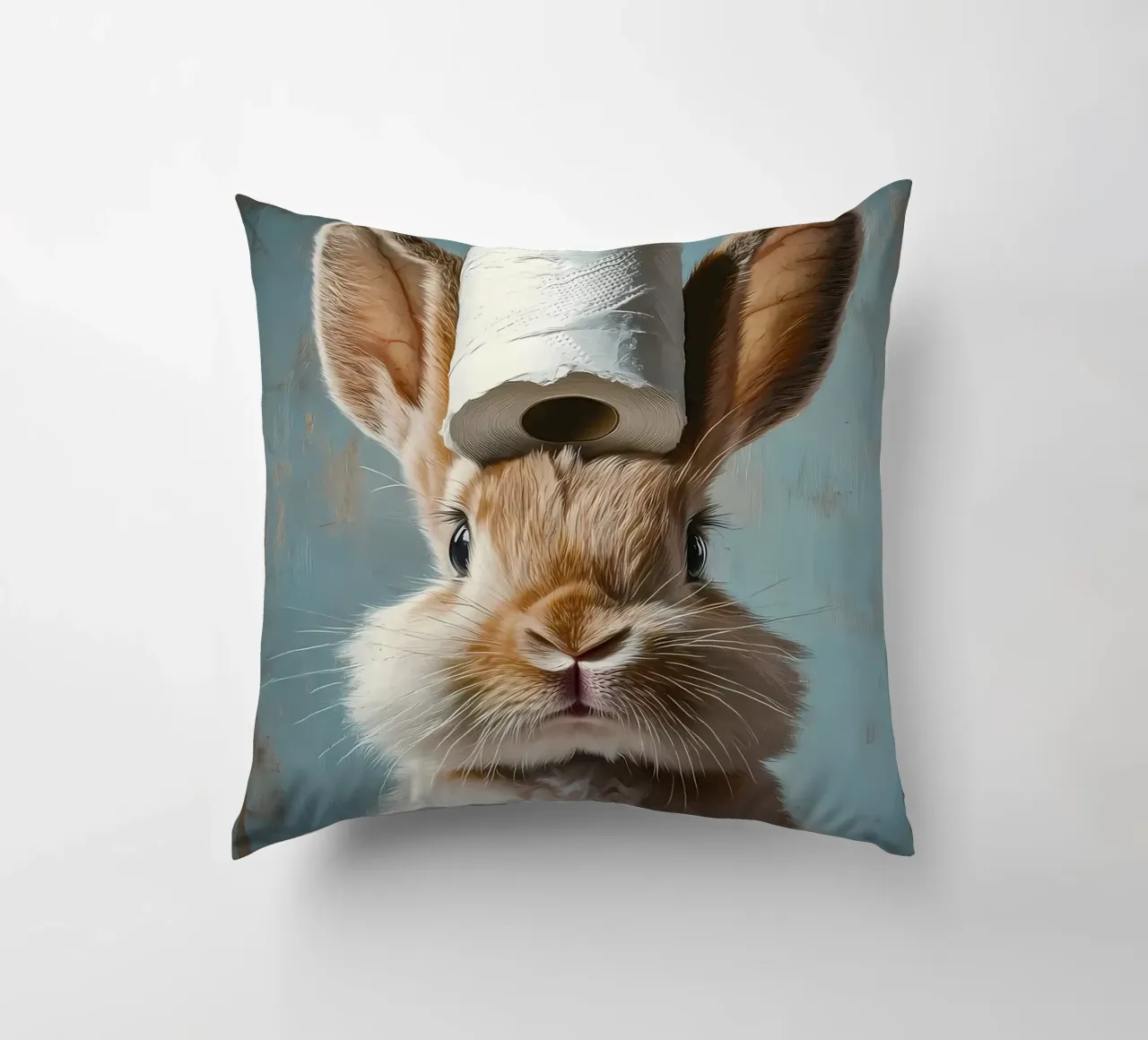 Bunny with Toilet Paper decorative cushion by Adrian Patel