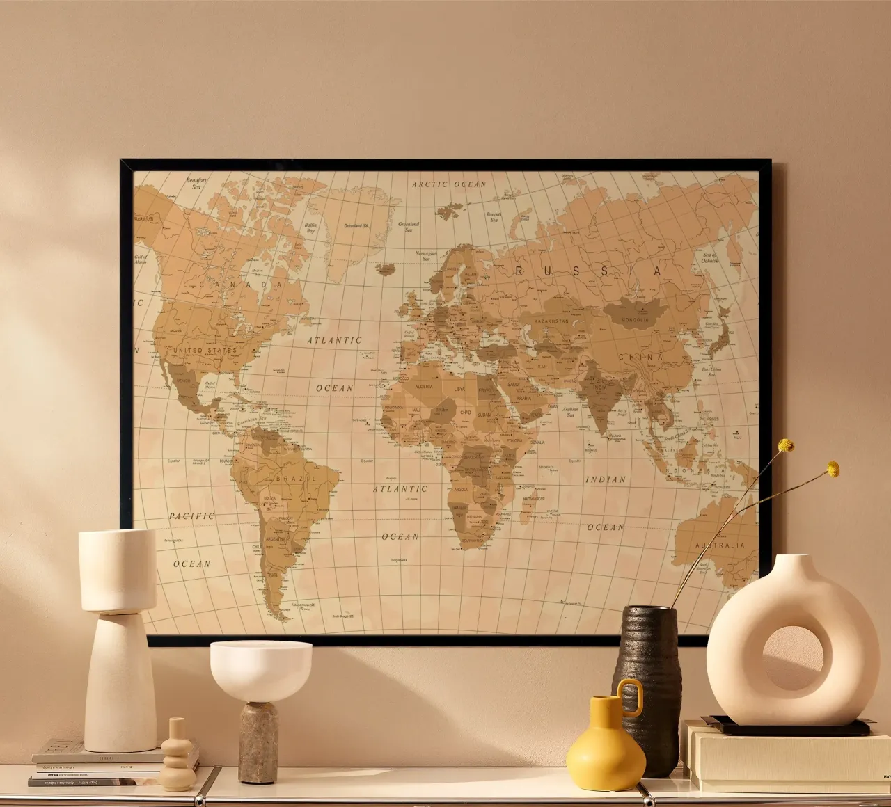Mappa del mondo d'epoca poster con telaio in alluminio da Aiden Garcia