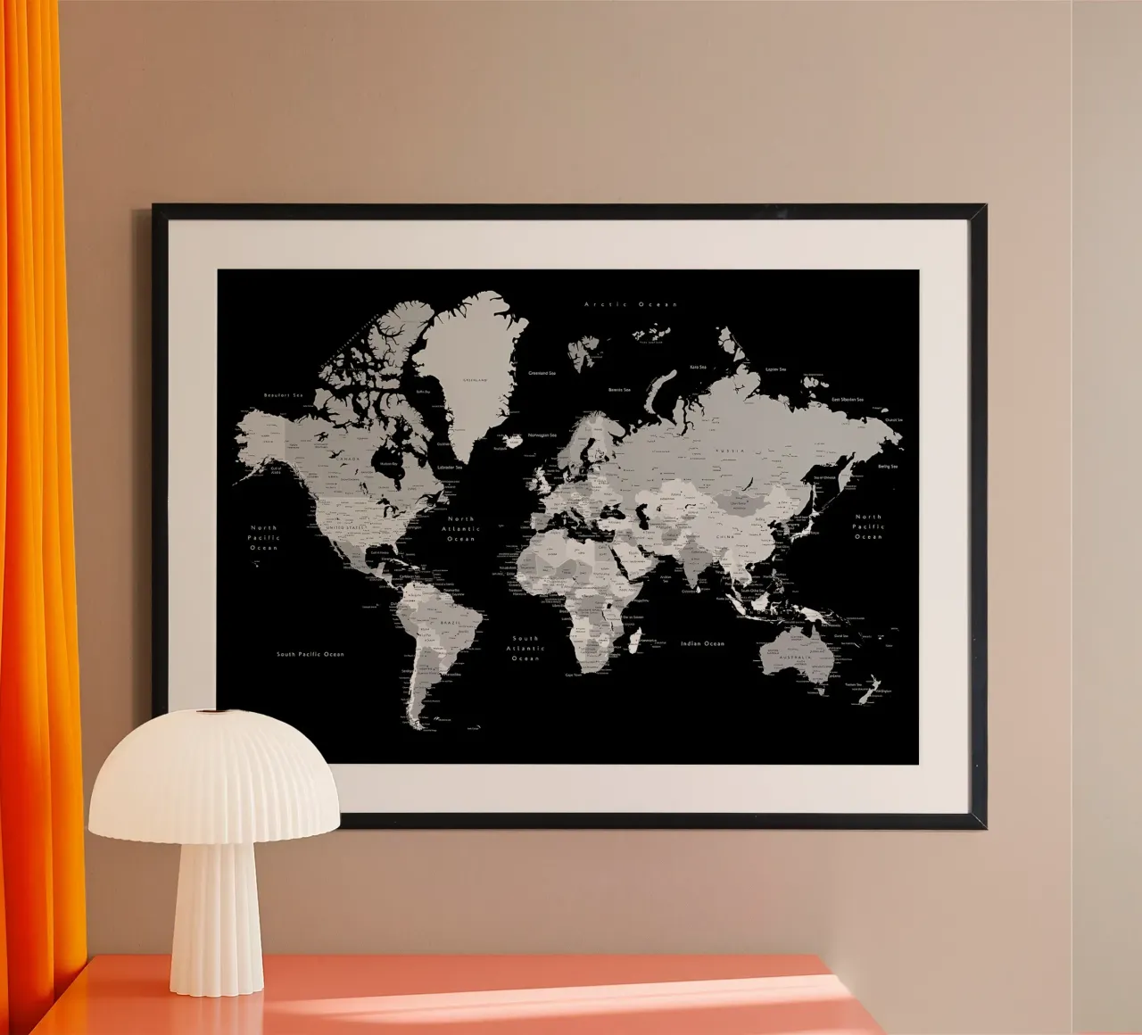 Mappa del mondo dettagliata Giuseppe poster con telaio in alluminio da Aiden Garcia