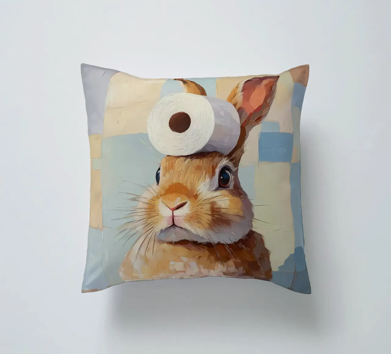 Bunny with Toilet Paper decorative cushion by Adrian Patel