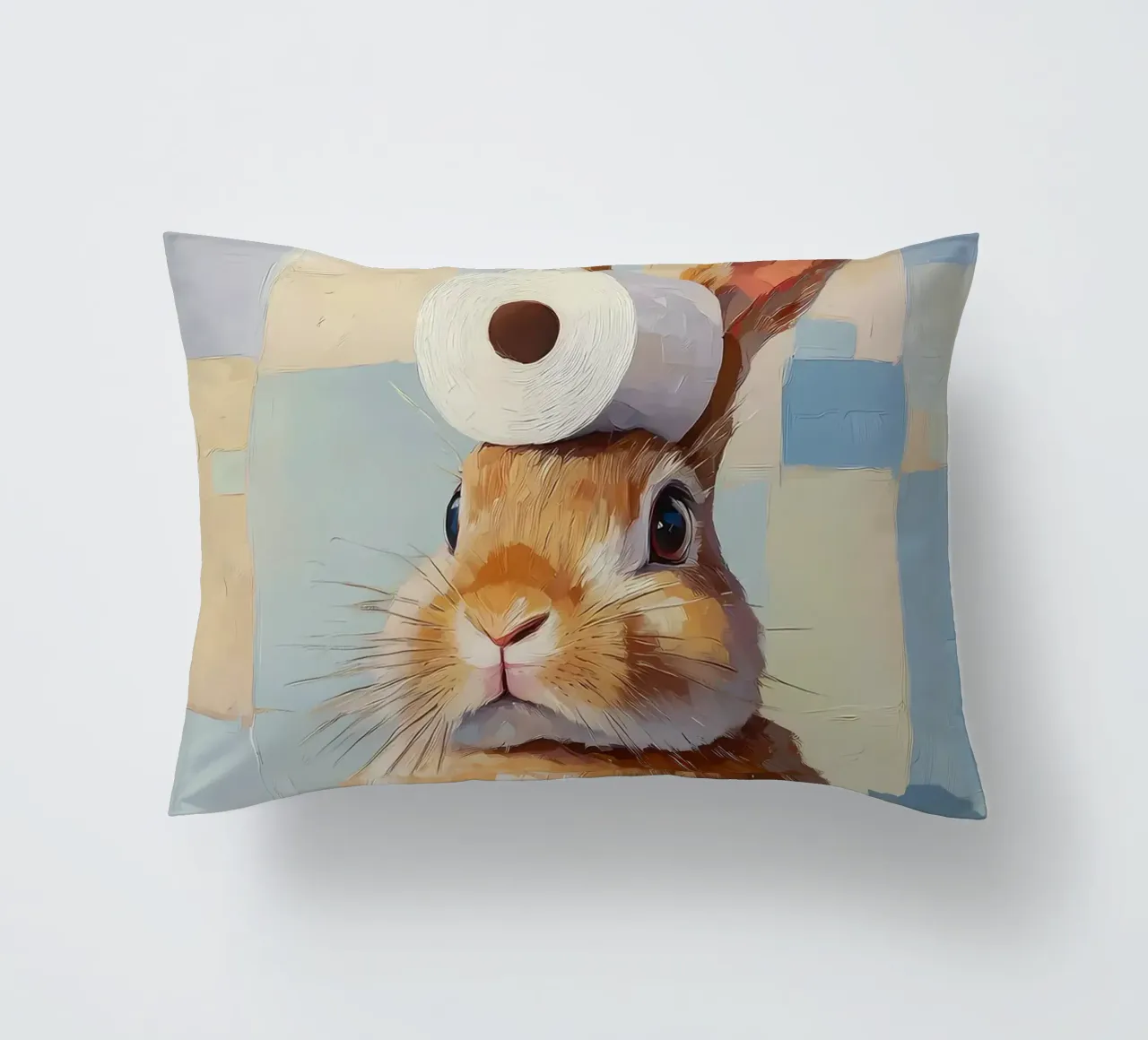 Bunny with Toilet Paper decorative cushion by Adrian Patel