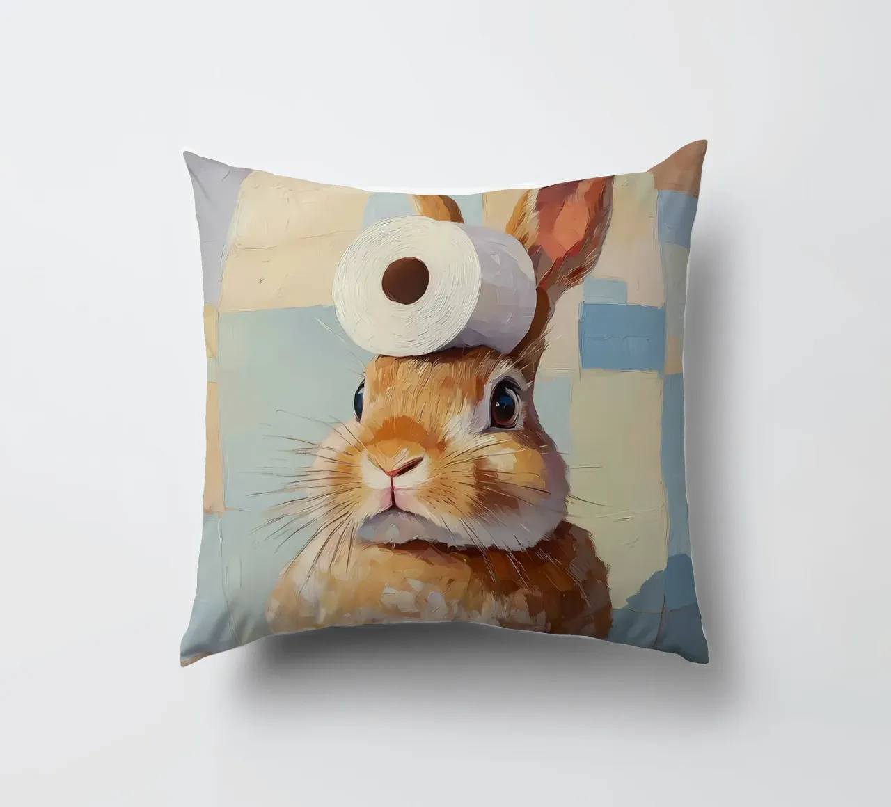 Bunny with Toilet Paper decorative cushion by Adrian Patel