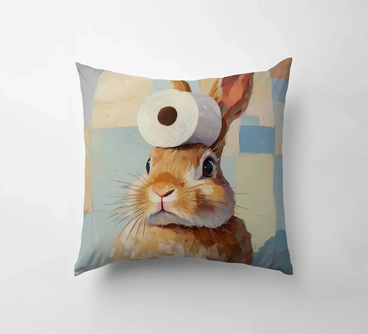 Bunny with Toilet Paper decorative cushion by Adrian Patel