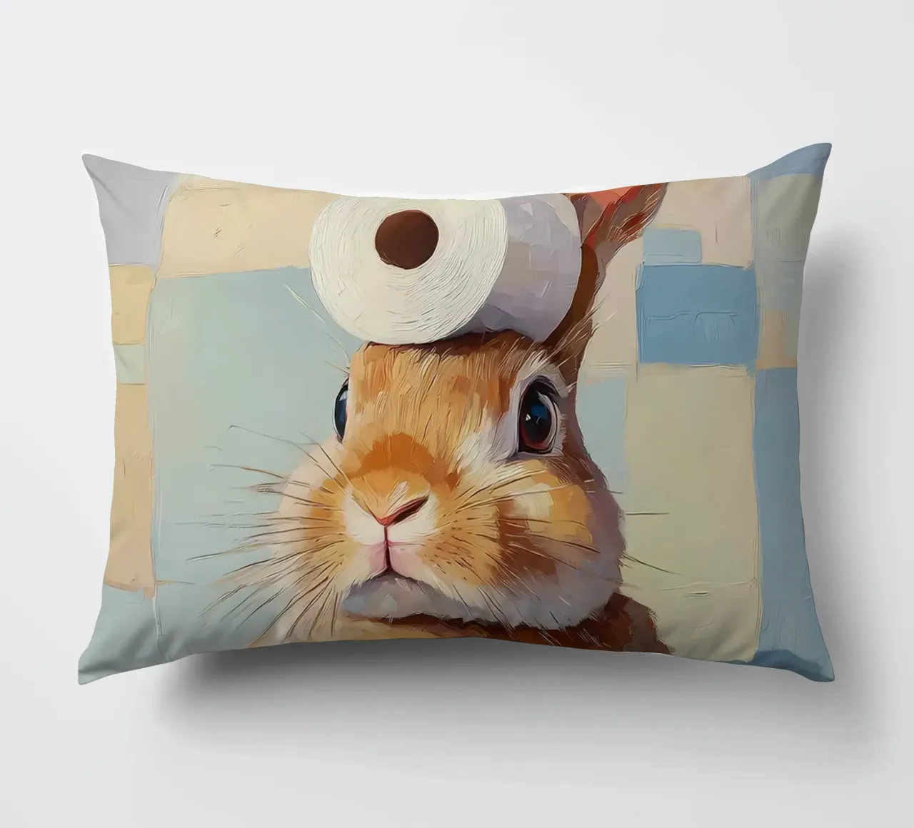 Bunny with Toilet Paper decorative cushion by Adrian Patel