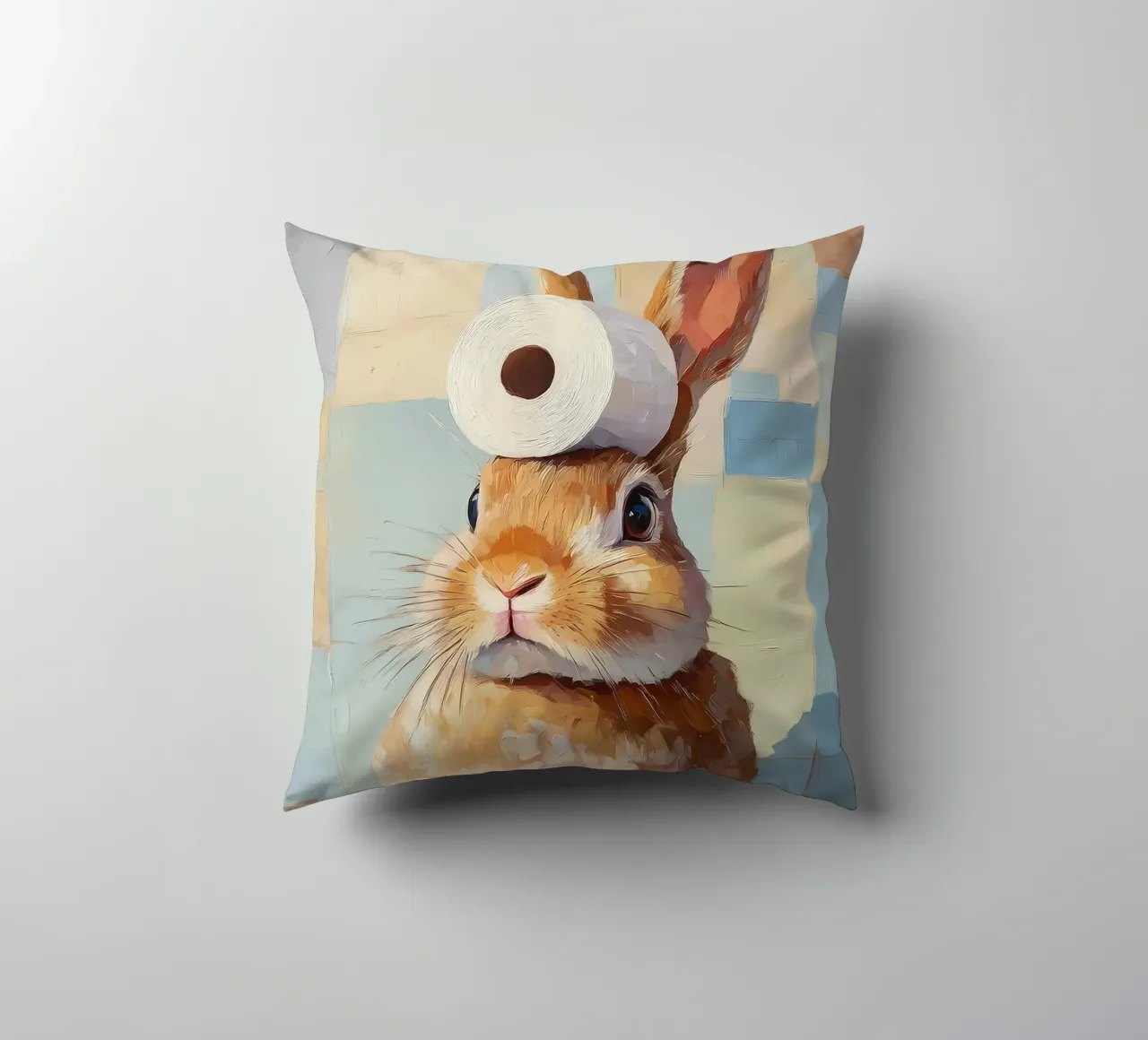 Bunny with Toilet Paper decorative cushion by Adrian Patel