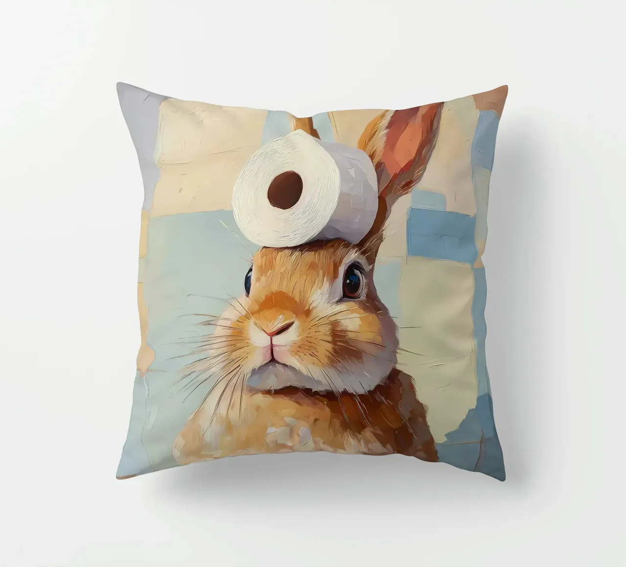 Bunny with Toilet Paper decorative cushion by Adrian Patel